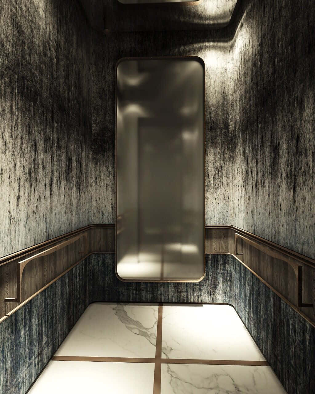 A 3d Rendering Of An Elevator With A Mirror And Marble Floor