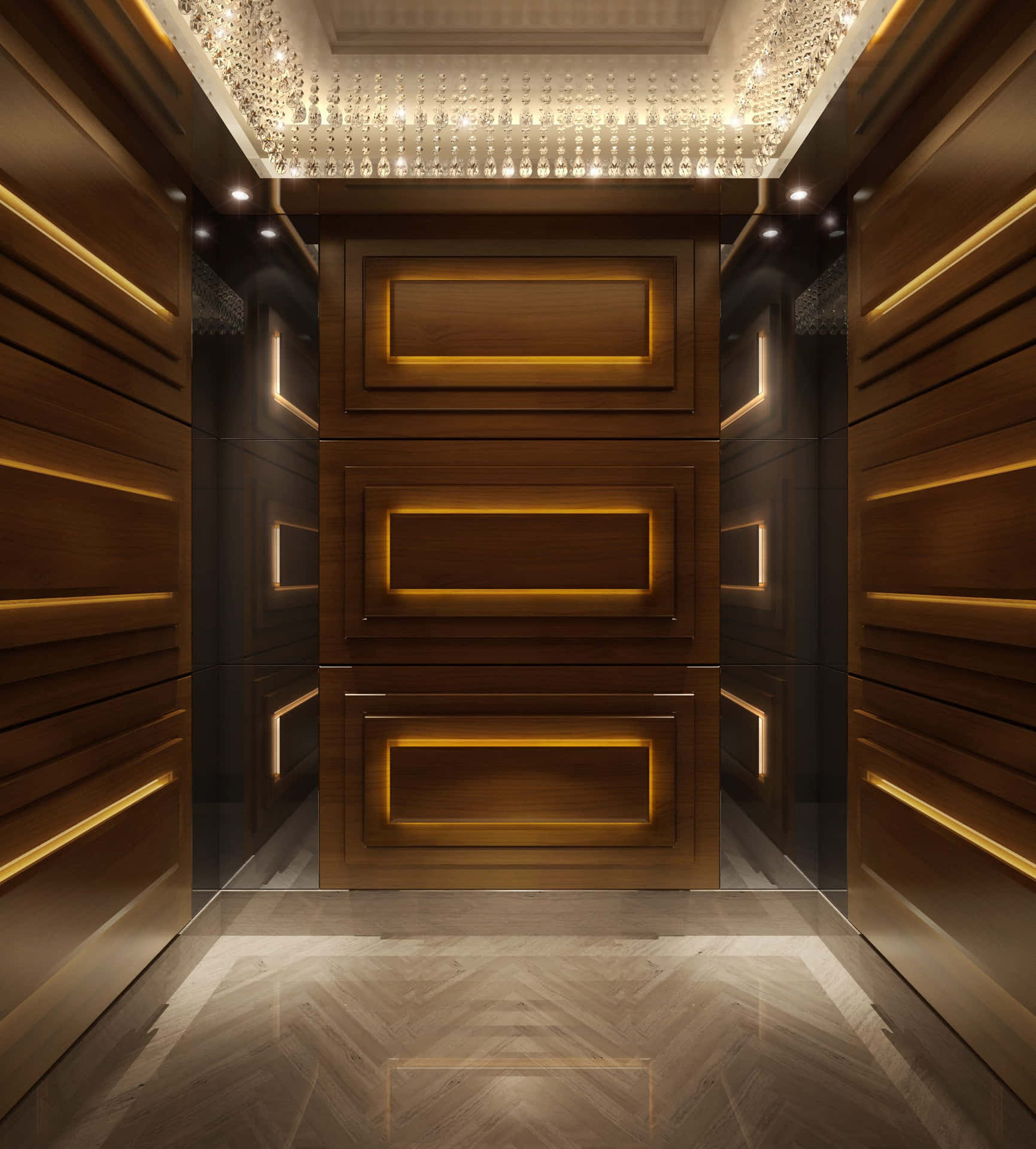 An Elevator With Wooden Panels And Lights