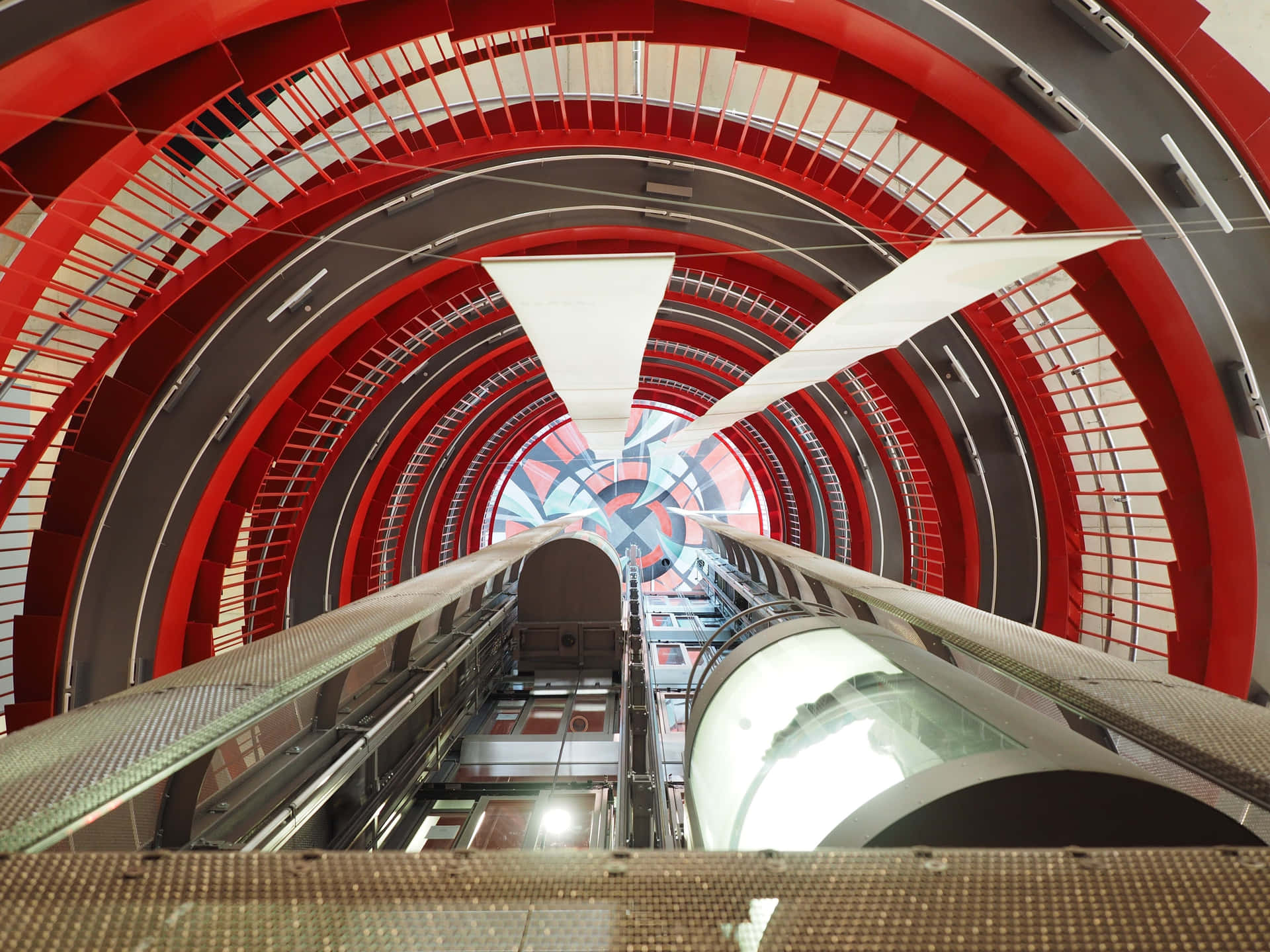 A Red And White Escalator
