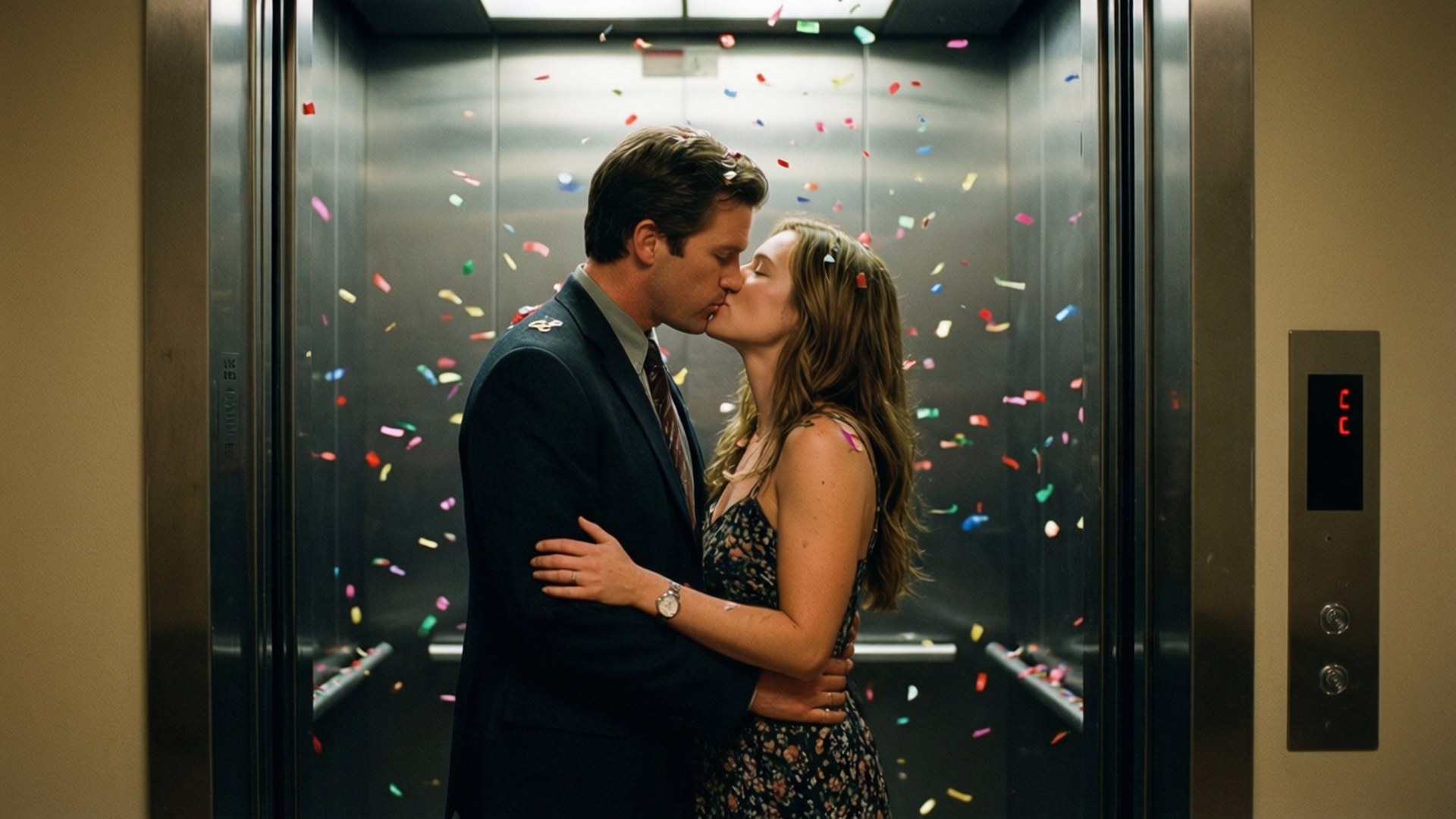 Jake and Amy share a kiss in the elevator.