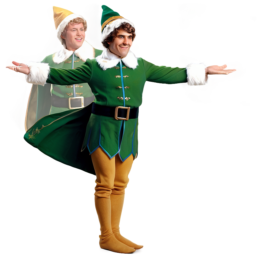 elf body a PNG — Two men in identical green elf costumes with white fur trim and pointed hats stand with arms outstretched against a soft gradient background.
