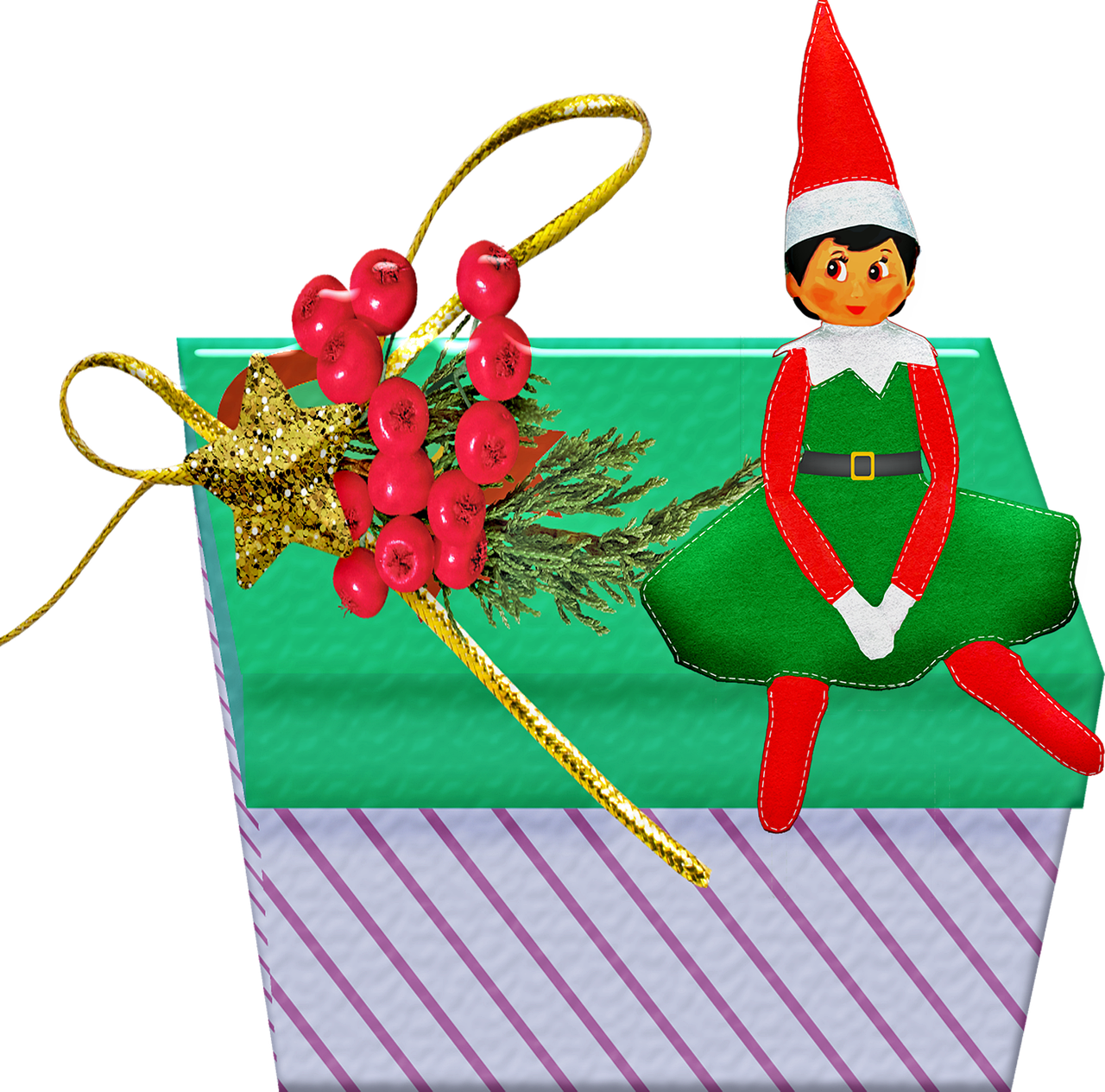 Elf On Gift Box With Christmas Decorations PNG