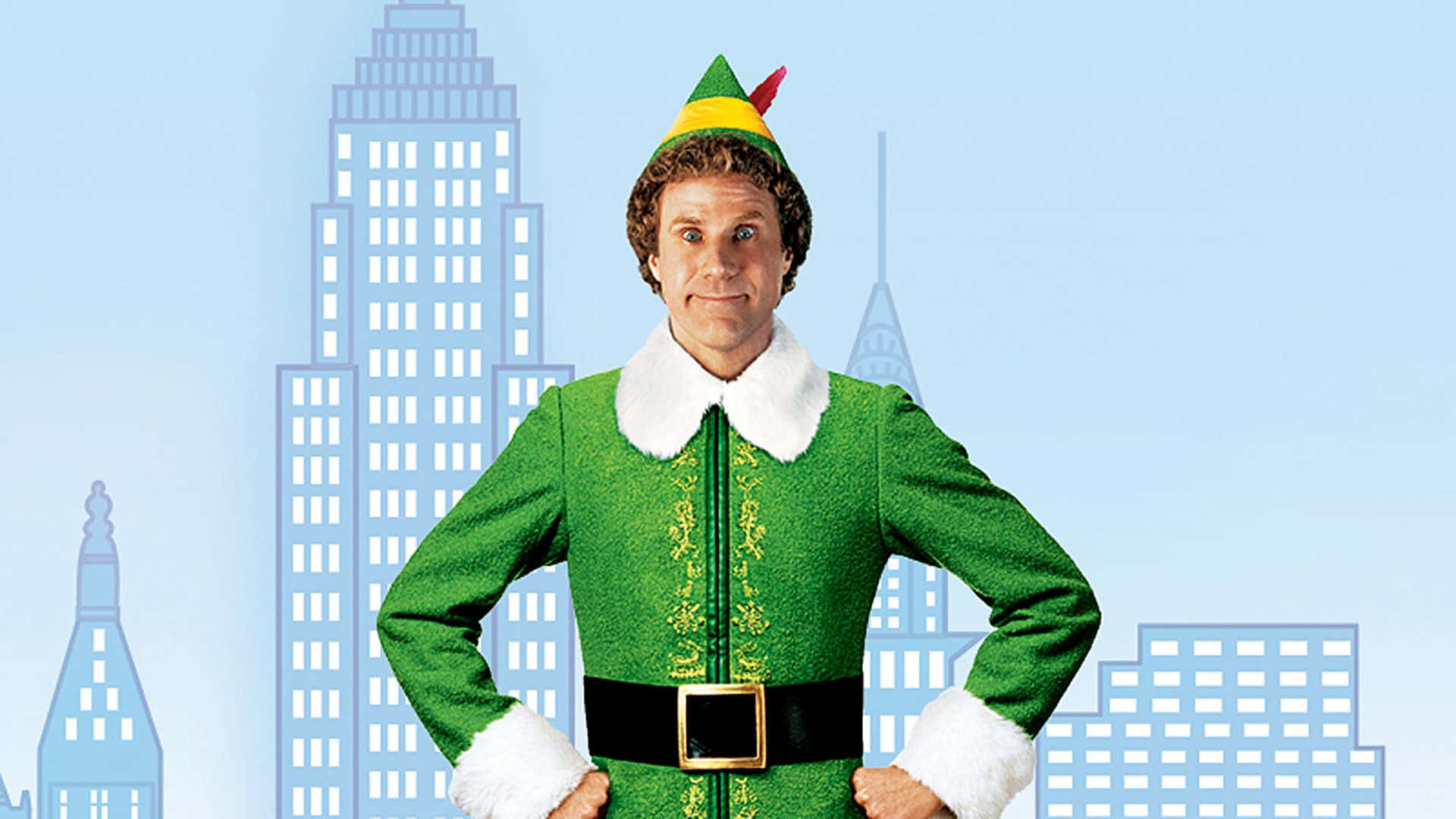 A Man Dressed As An Elf In Front Of A City
