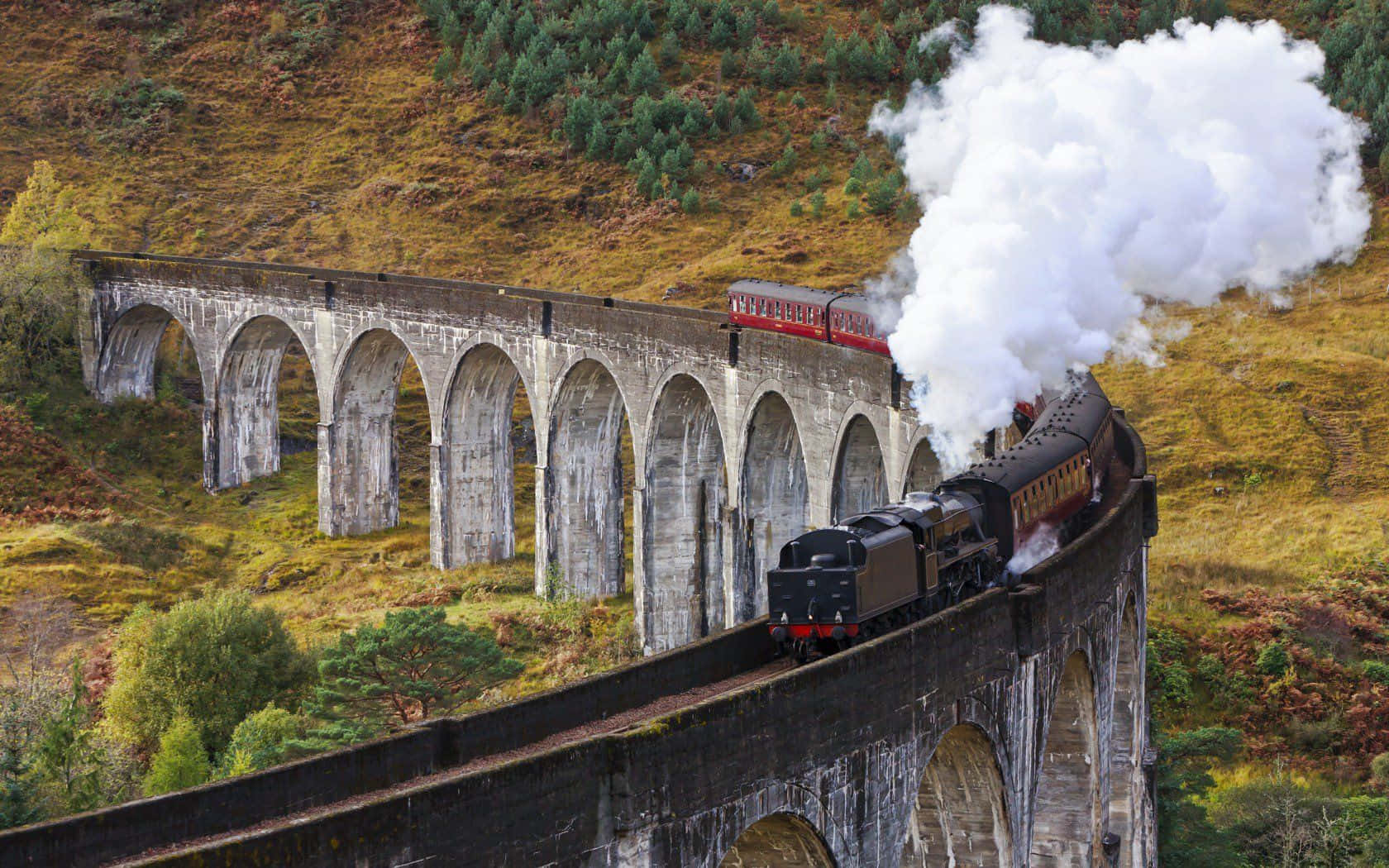 Elicónico Tren Hogwarts Express Vaporizando A Través Del Campo Brumoso. Fondo de pantalla