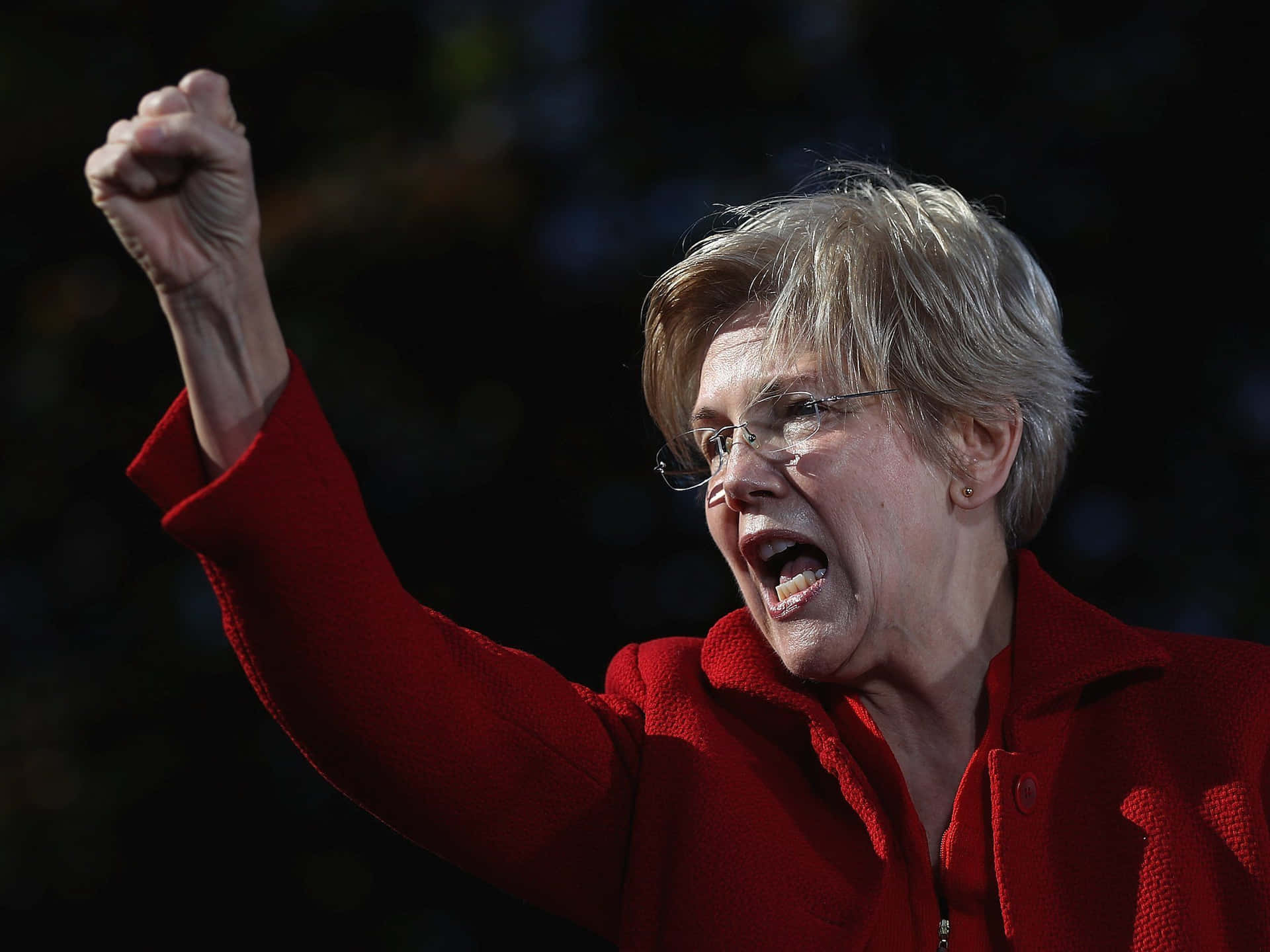 Elizabeth Warren Raising Fist During Rally Background