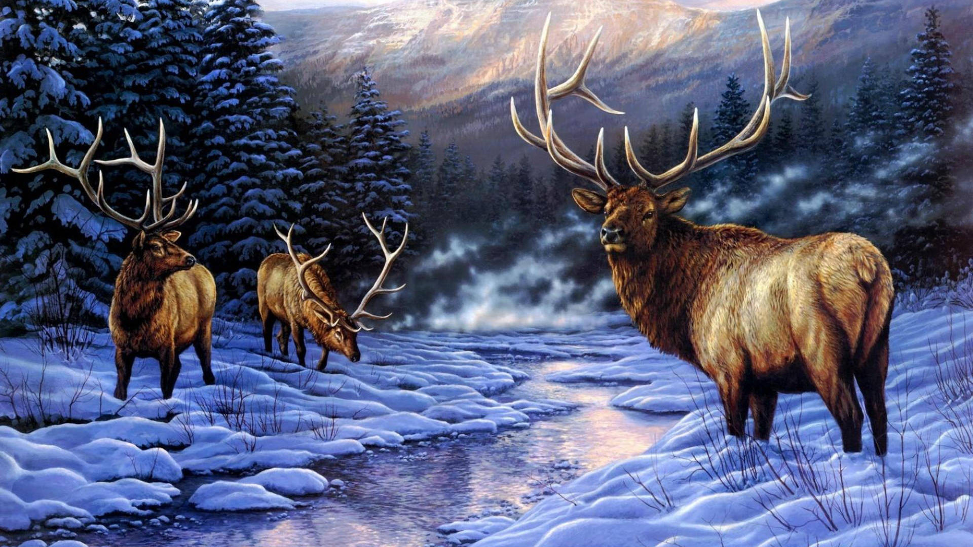 Elk Painting Snowy Day Wallpaper