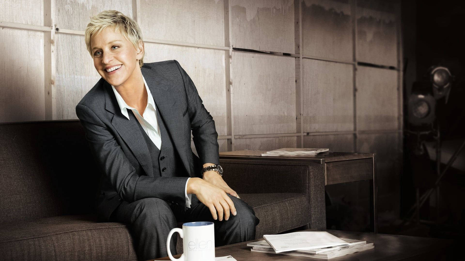 Ellen Degeneres Dark Grey Satin Suit Background