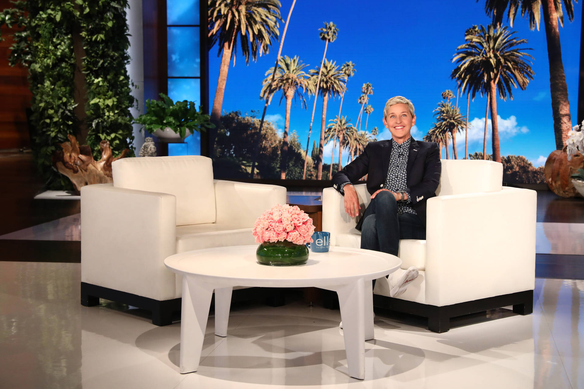 Ellen Degeneres White Couch On Set Background