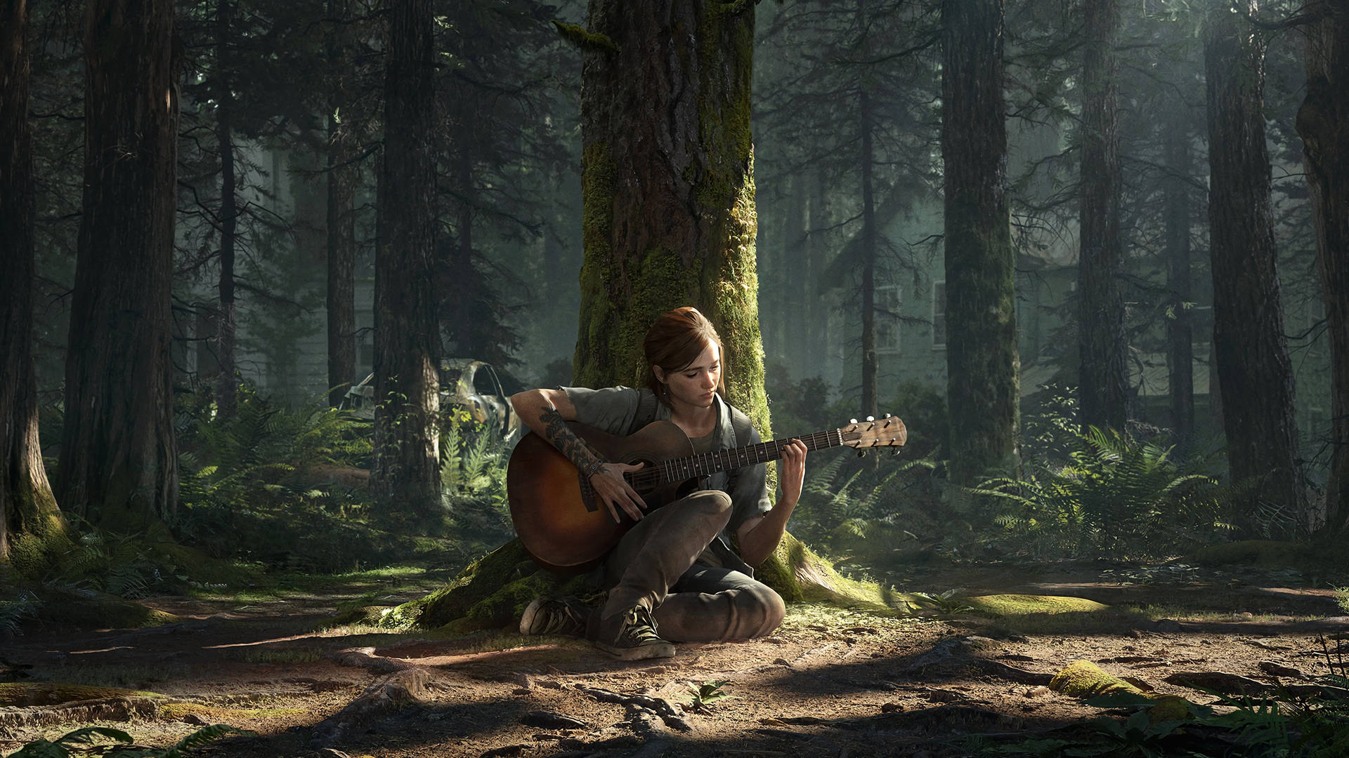 Ellie strummer guitar i skoven The Last of Us 4K wallpaper Wallpaper