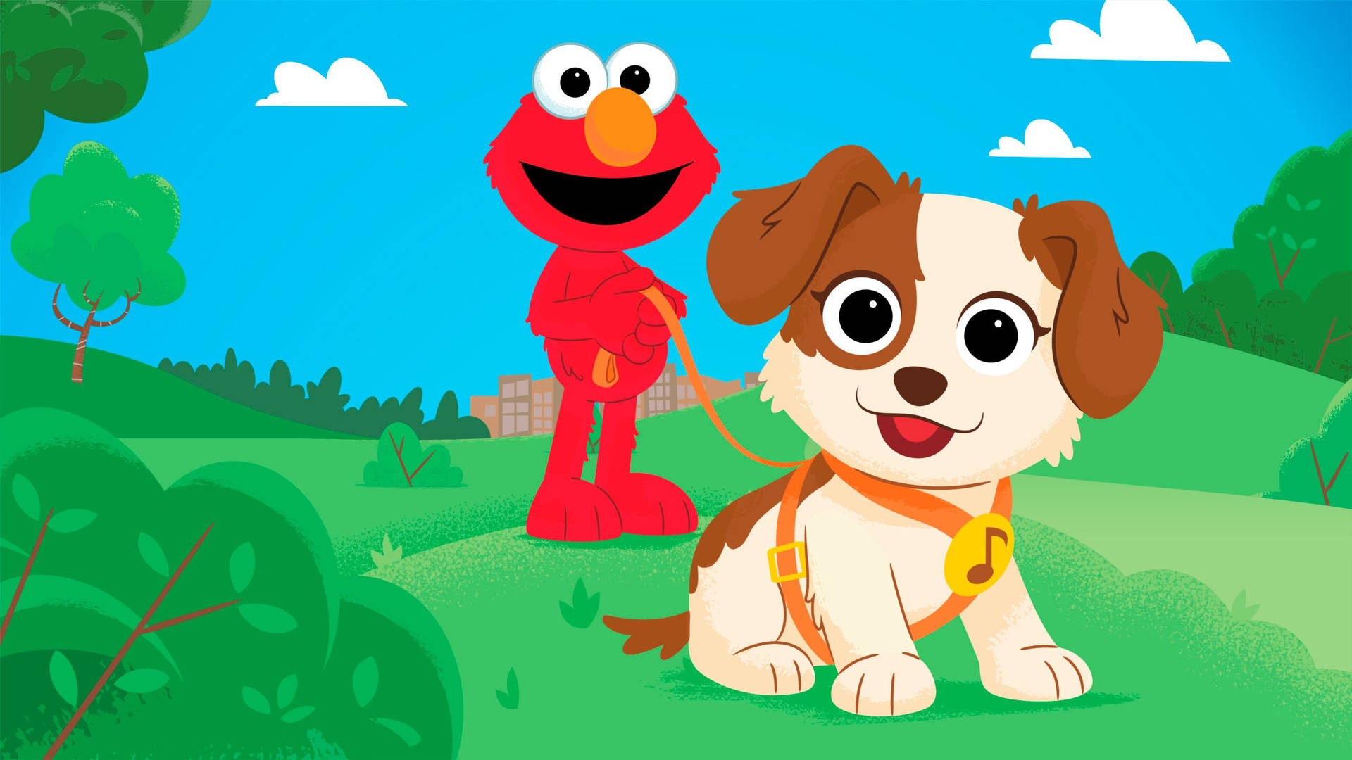 Elmo And Dog In Field Wallpaper