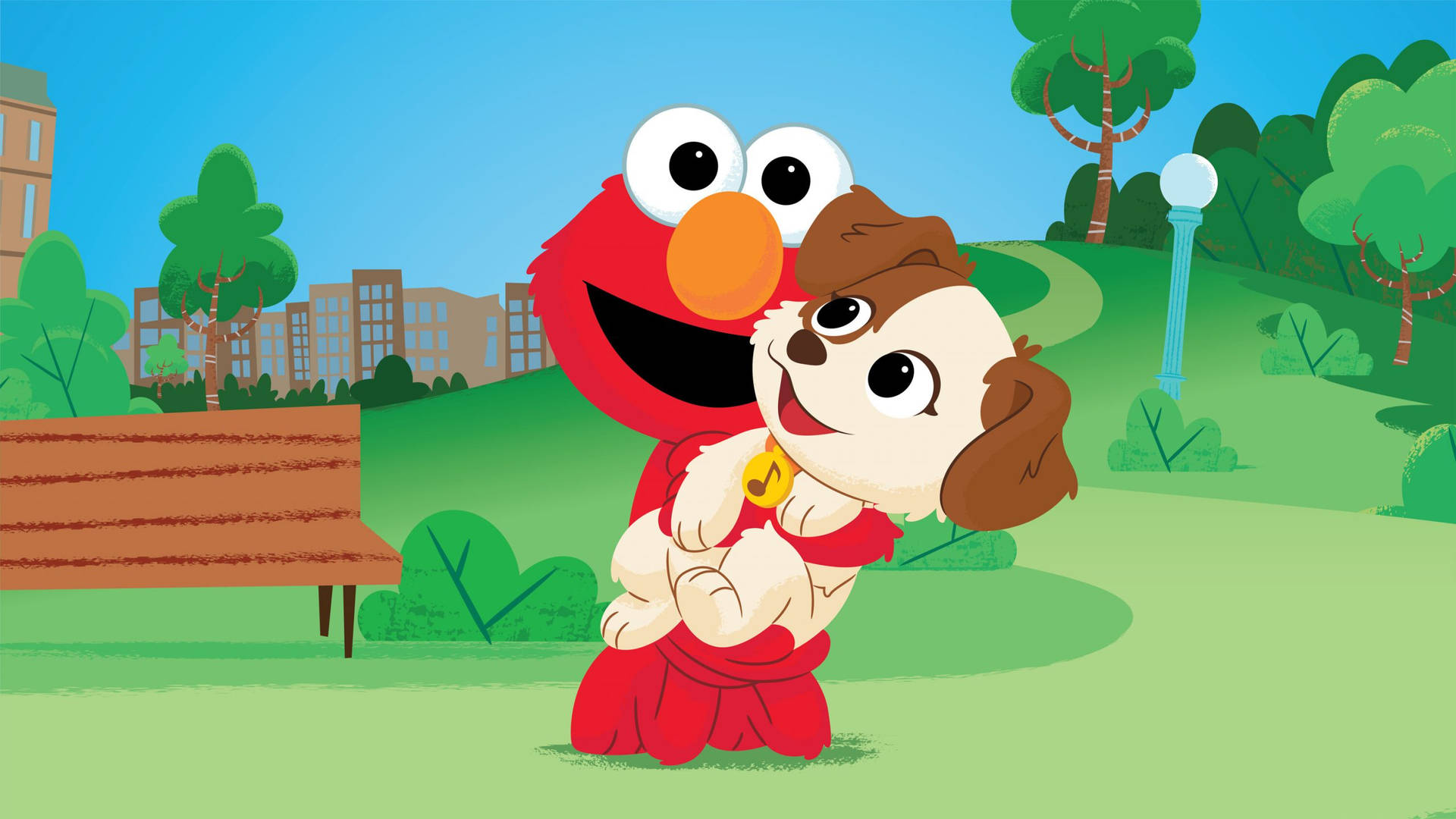Elmo And His Pet In Park Background