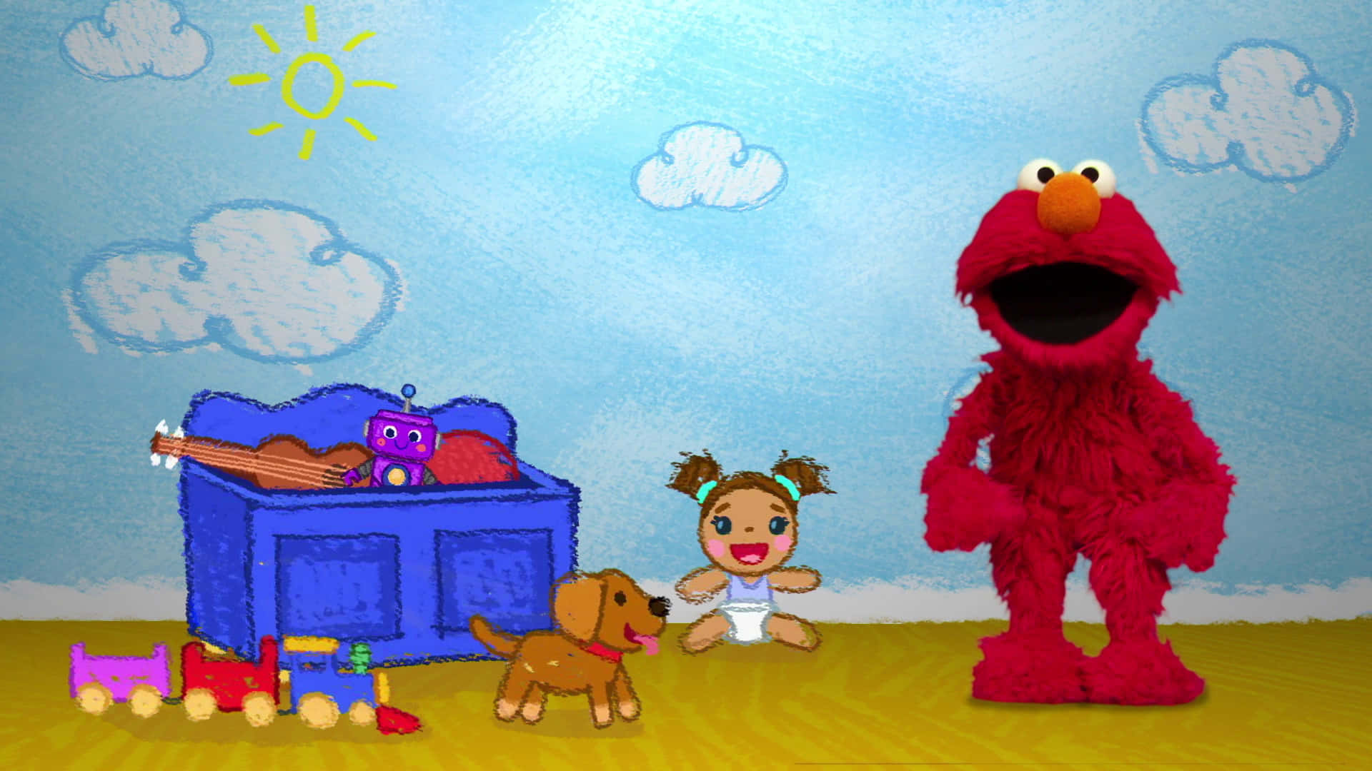 Elmo stands in front of a fun, kid-friendly world