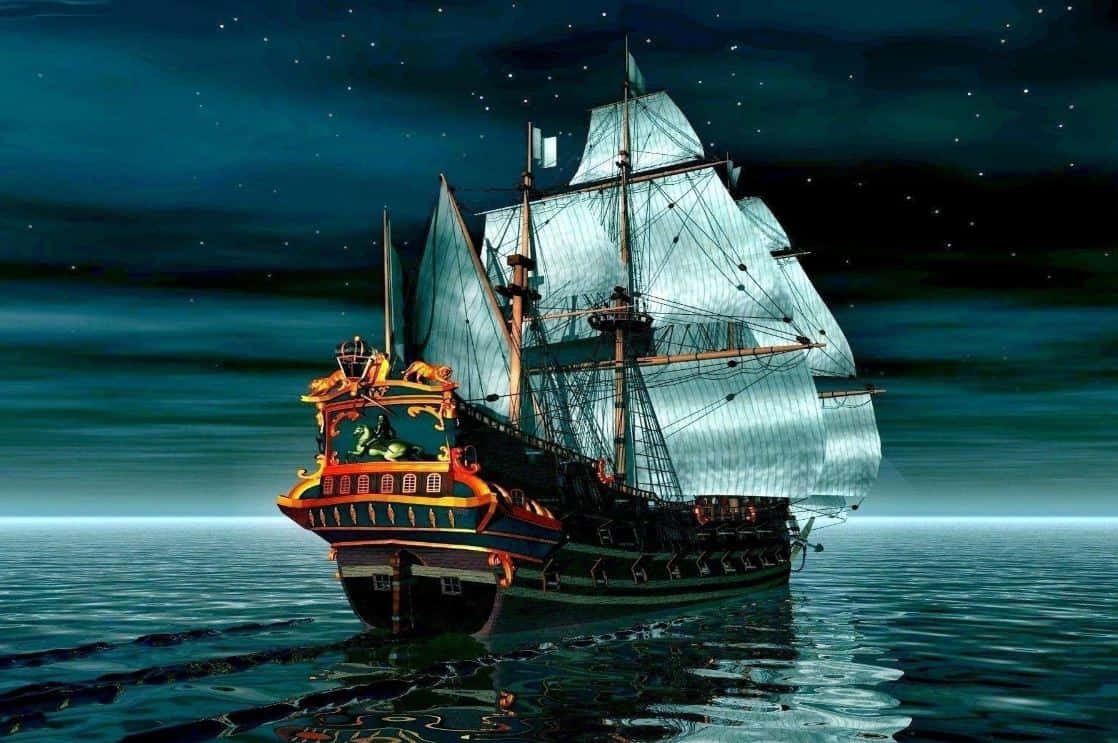 Elorgullo Del Capitán: Un Magnífico Barco Pirata Al Atardecer.