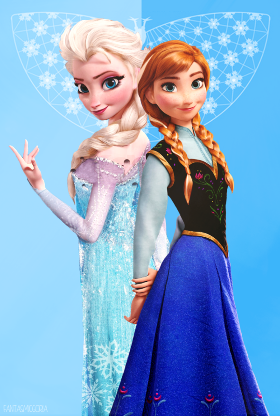 Sisters Elsa and Anna embracing each other in the mountains of Arendelle