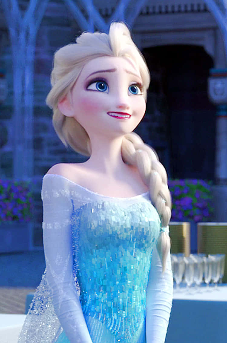 Elsa In Frozen Dress Standing In Front Of A Fountain Wallpaper