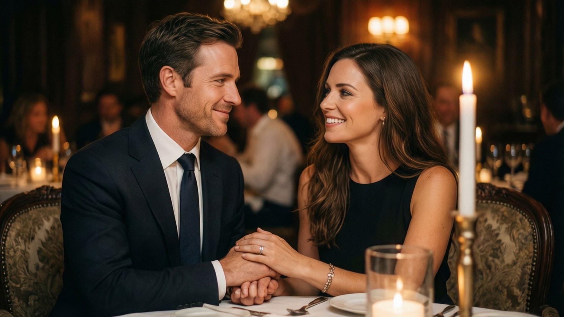 Parents' Date Wallpaper — A smiling couple holds hands across a candlelit dining table in an elegant restaurant with ornate chairs and warm ambient lighting.