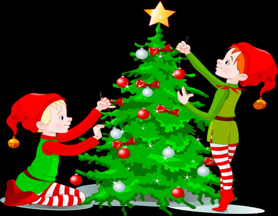 Elves Decorating Christmas Tree PNG