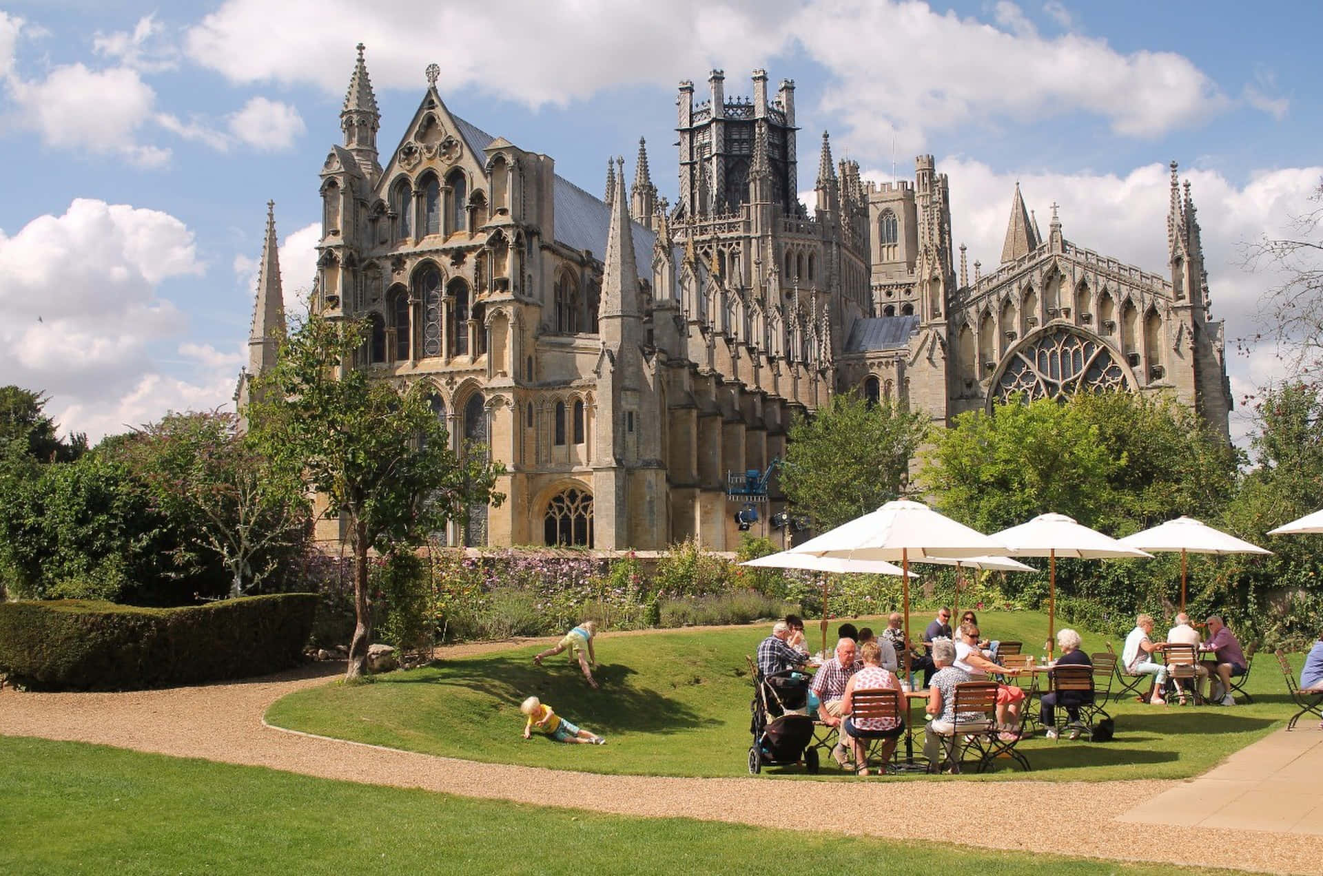 Ely Cathedral Sunny Day Outdoor Cafe Wallpaper