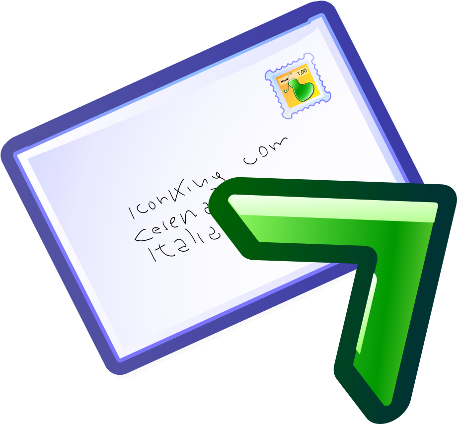 Email Envelopewith Cursor Pointer PNG — A cartoon-style white envelope with a green arrow pointing to handwritten text and a green pear-shaped stamp.