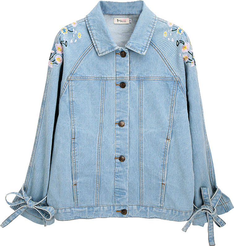 Embroidered Denim Jacketwith Tie Sleeves PNG