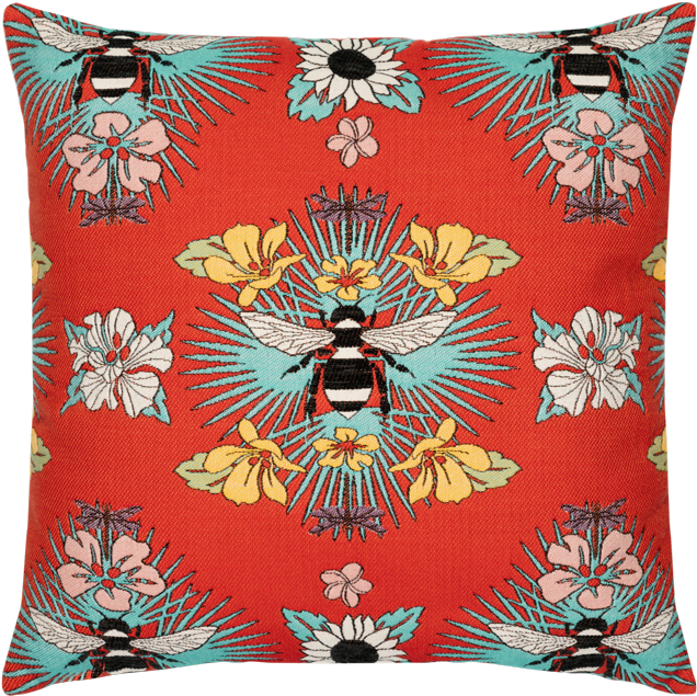 Embroidered Floral Bee Pattern Cushion PNG