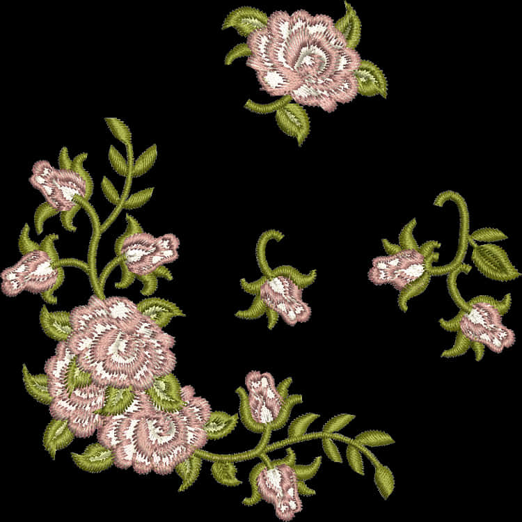 Embroidered Floral Designon Black Background PNG