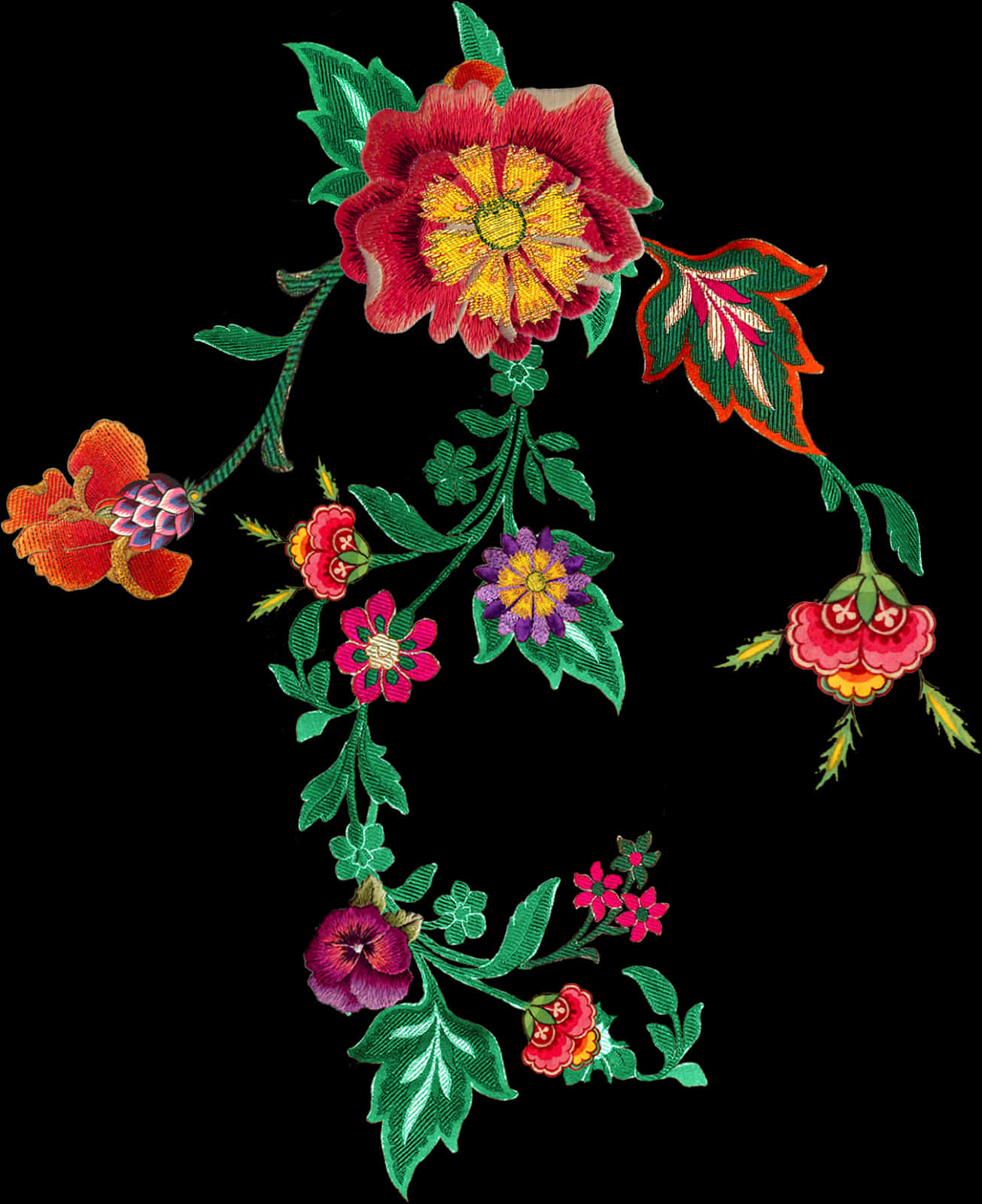 Embroidered Floral Designon Black PNG