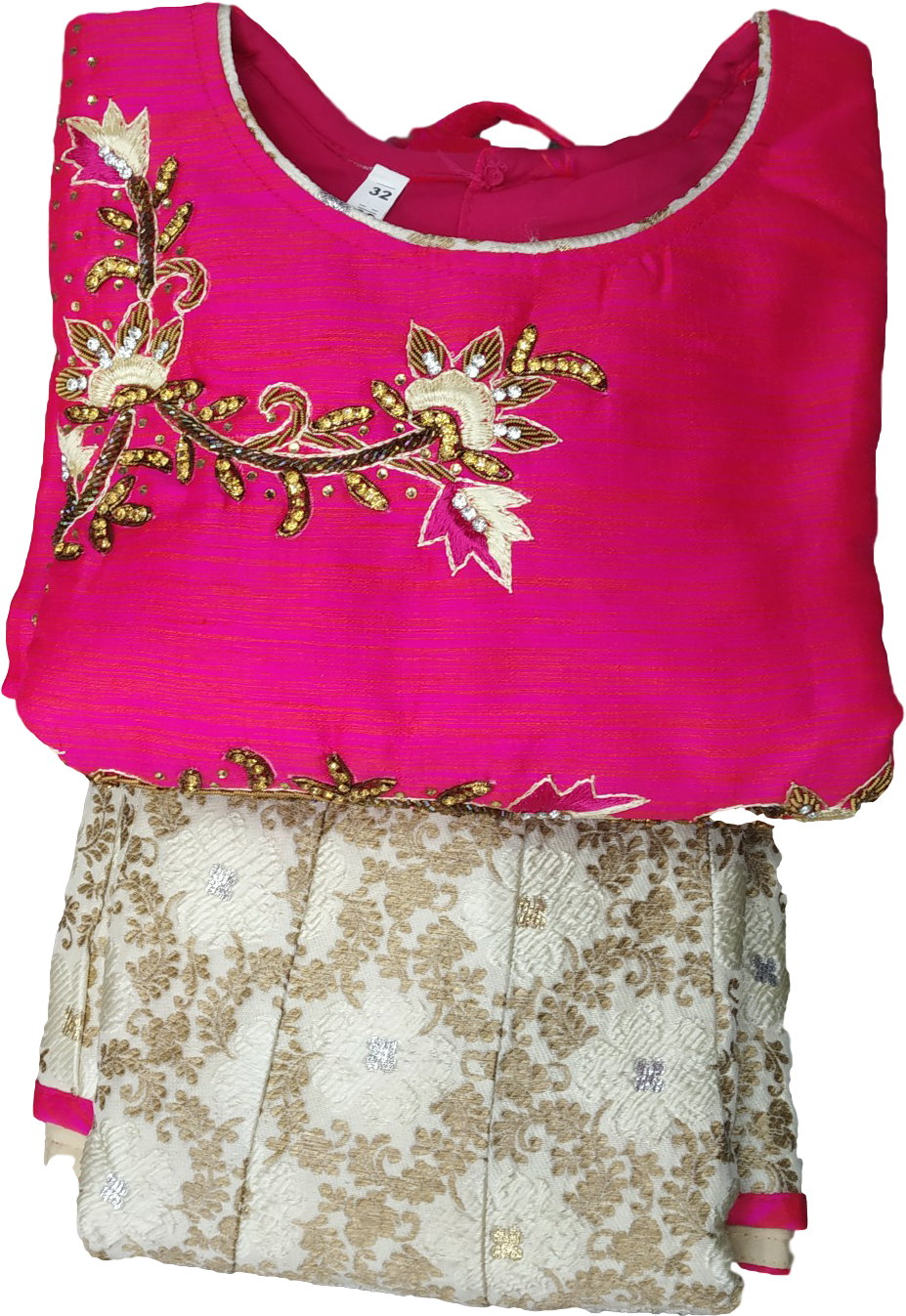 Embroidered Pink Blouse And Beige Lehenga Skirt PNG