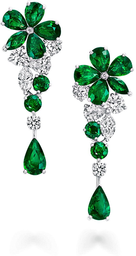 Emerald Diamond Flower Earrings PNG