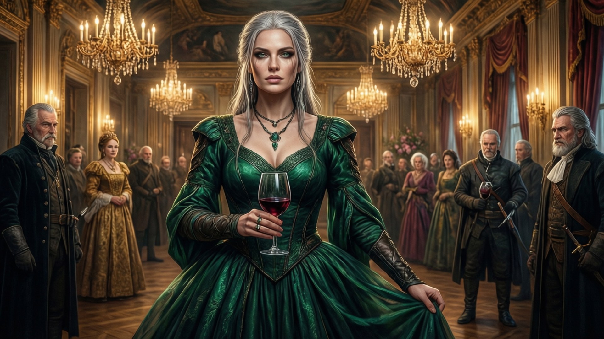 Yennefer at a ball in an emerald dress, exuding elegance and mystery.