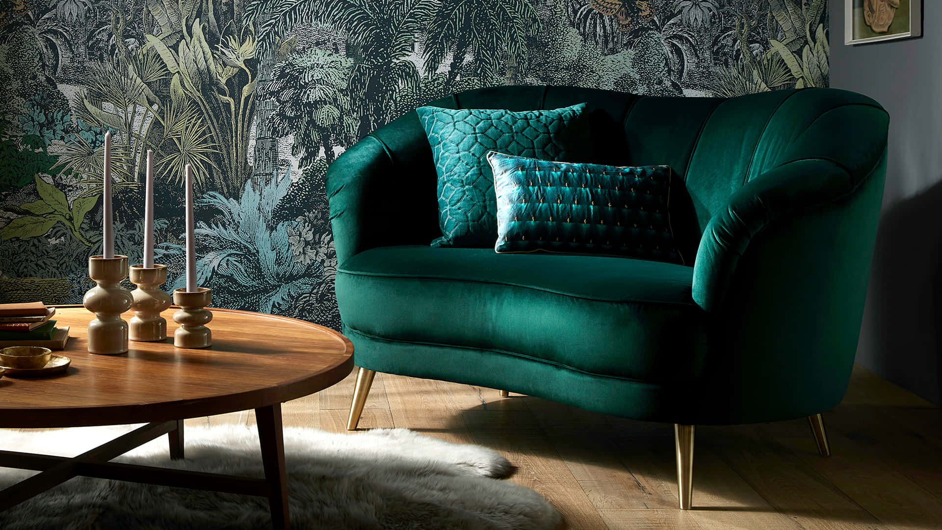 Luscious Emerald Green Couch in a Contemporary Living Space Wallpaper