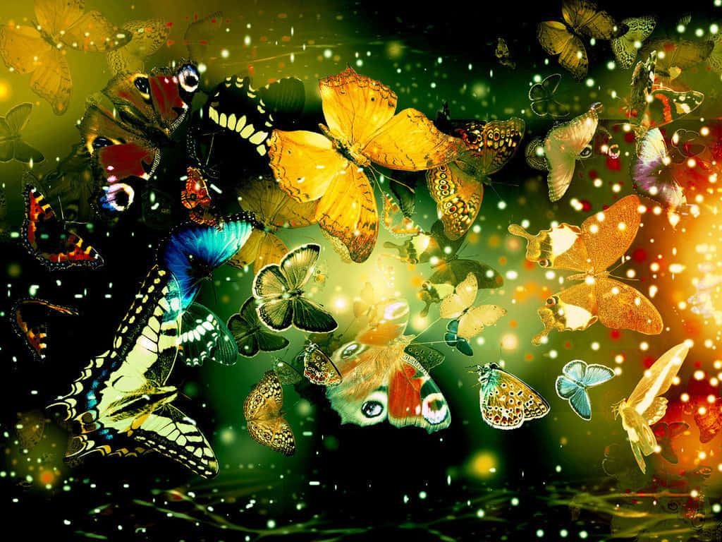 A butterfly taking flight, surrounded by a field of vibrant colors Wallpaper