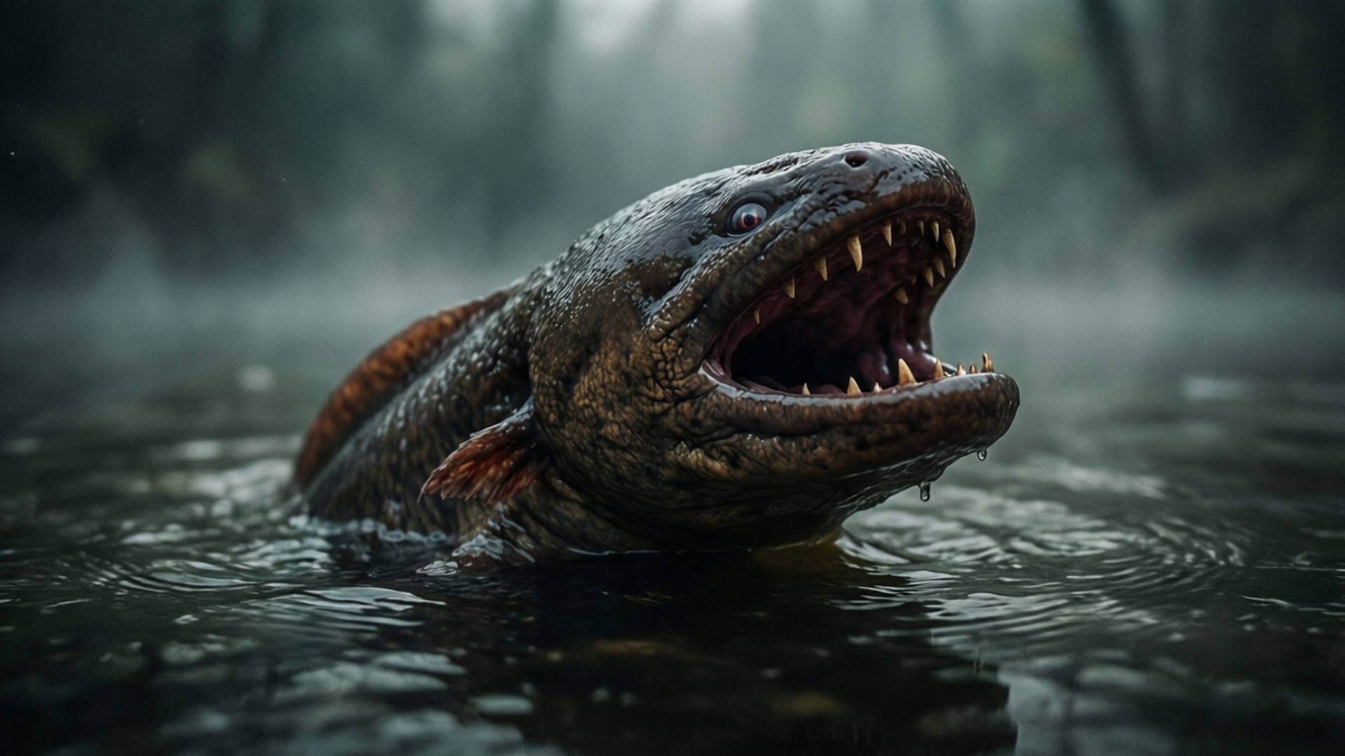 A giant eel with sharp teeth emerges from dark water in a misty forest.