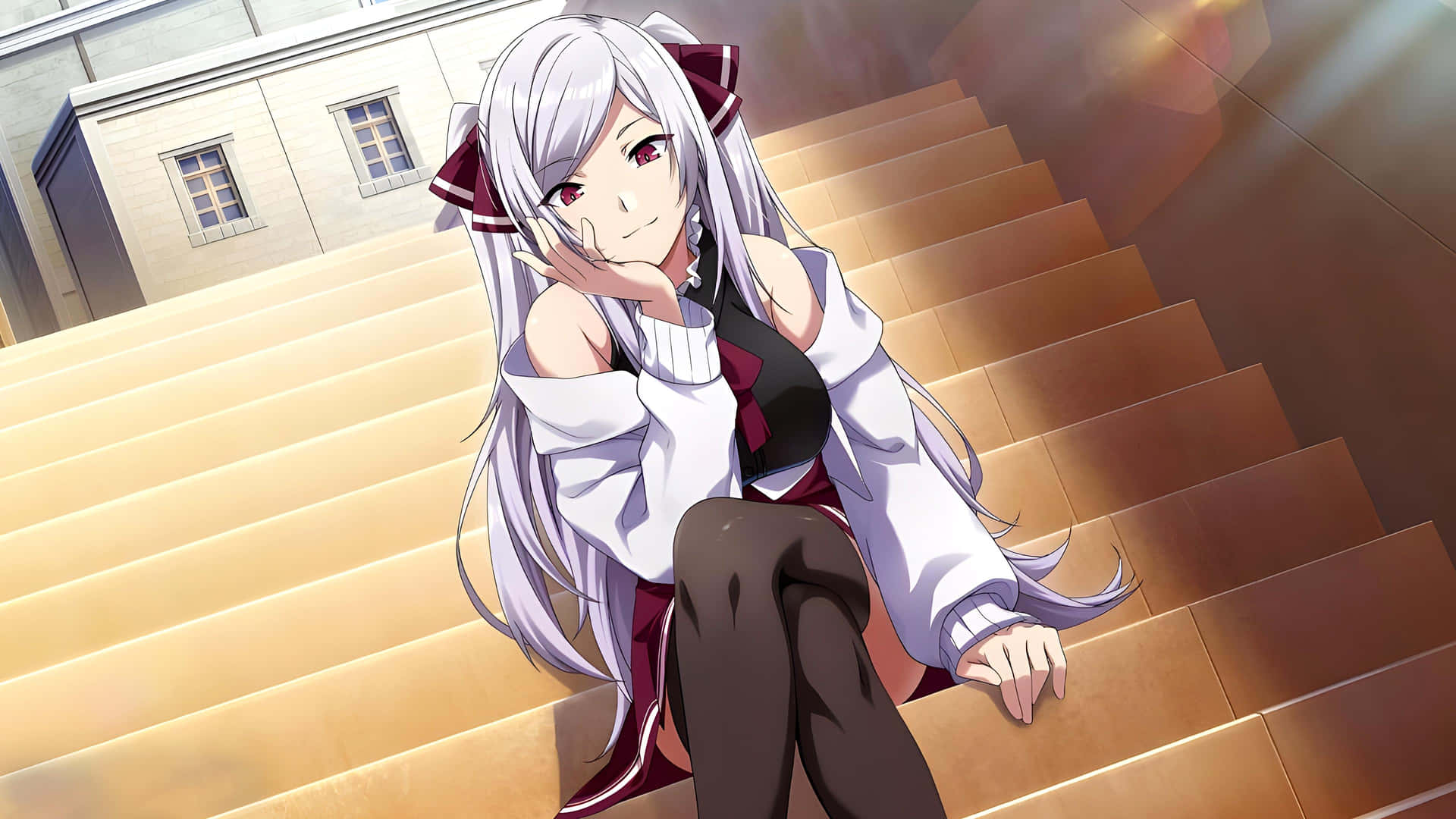 Eminence Shadow Smiling Girl On Stairs Wallpaper