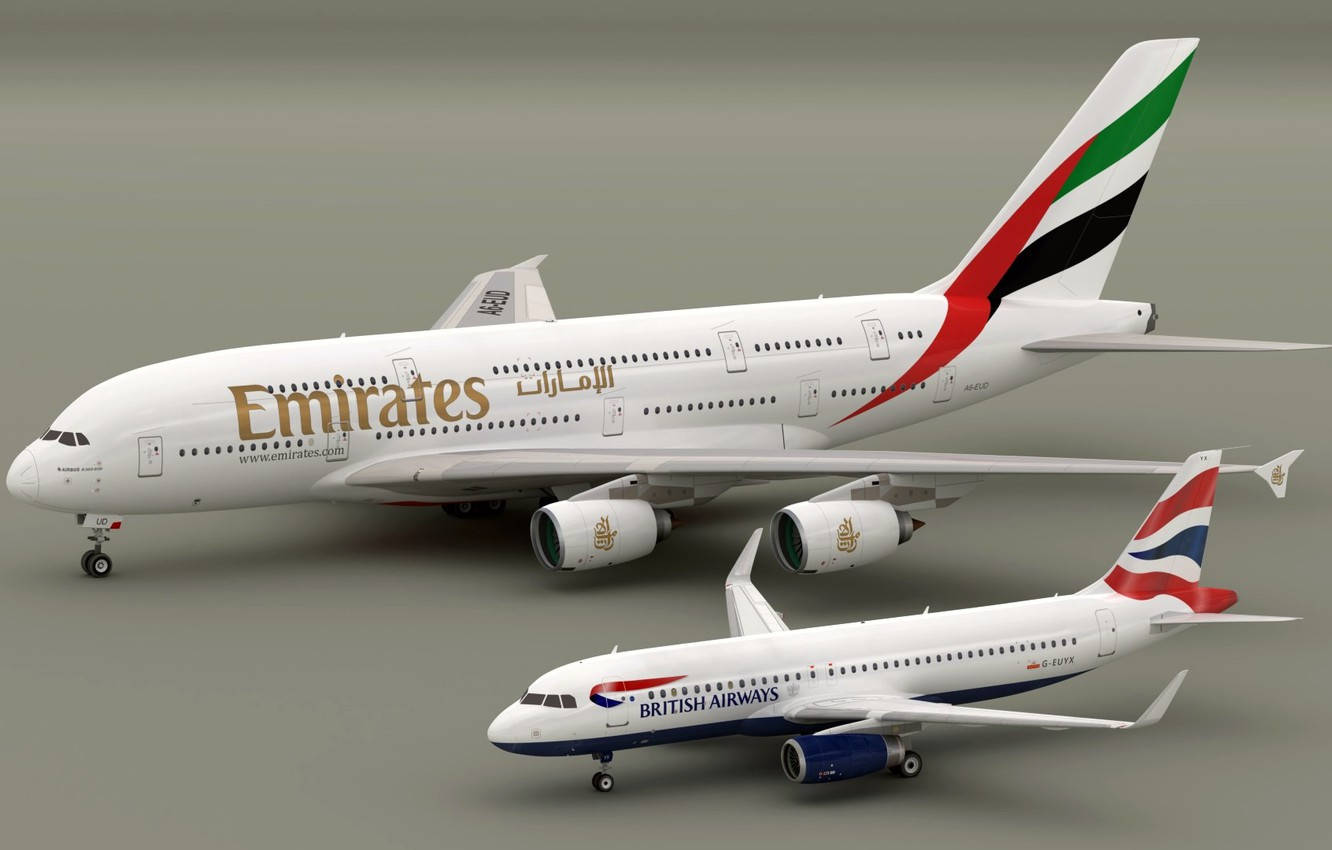 Emiratesa380 Und B777 Flugzeugmodelle Wallpaper