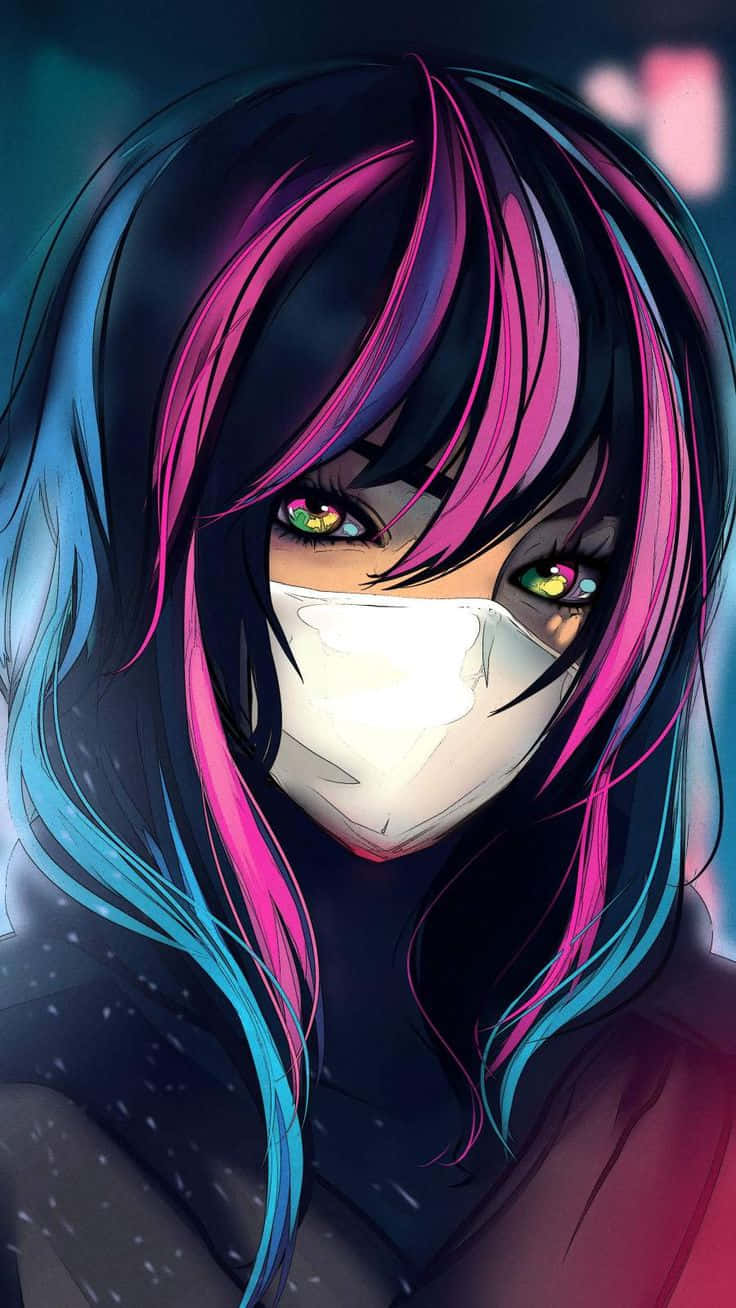 A Girl With Blue And Pink Hair Wearing A Mask Wallpaper