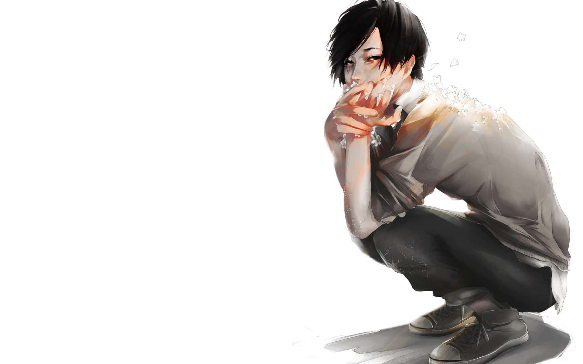 A reflective Emo Anime Boy looks into the distance Wallpaper
