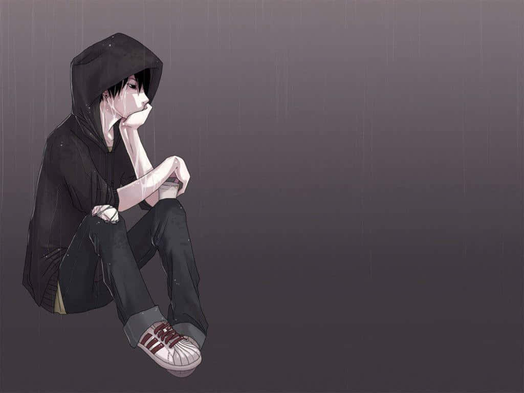 A Boy Sitting On The Ground In A Hoodie Wallpaper