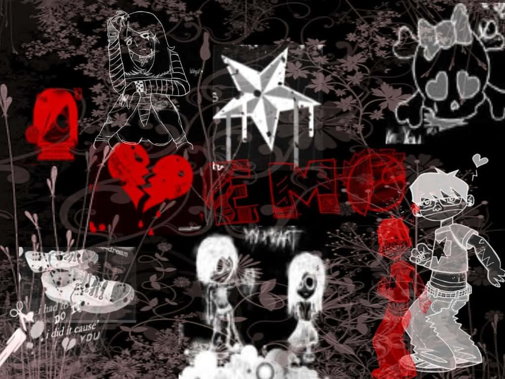 A Black And White Image Of A Group Of People With Red And Black Designs Wallpaper