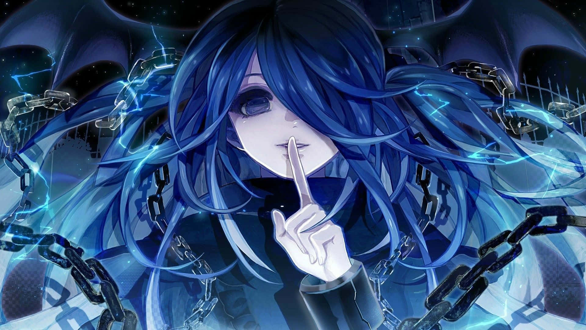 A Girl With Blue Hair And Chains Holding Her Finger Wallpaper
