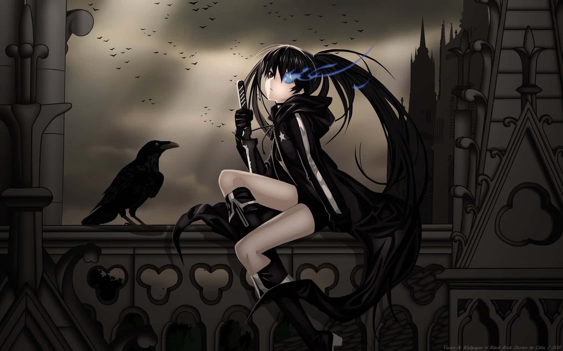 Unachica Vestida De Negro Sentada En Un Borde Con Un Cuervo Fondo de pantalla