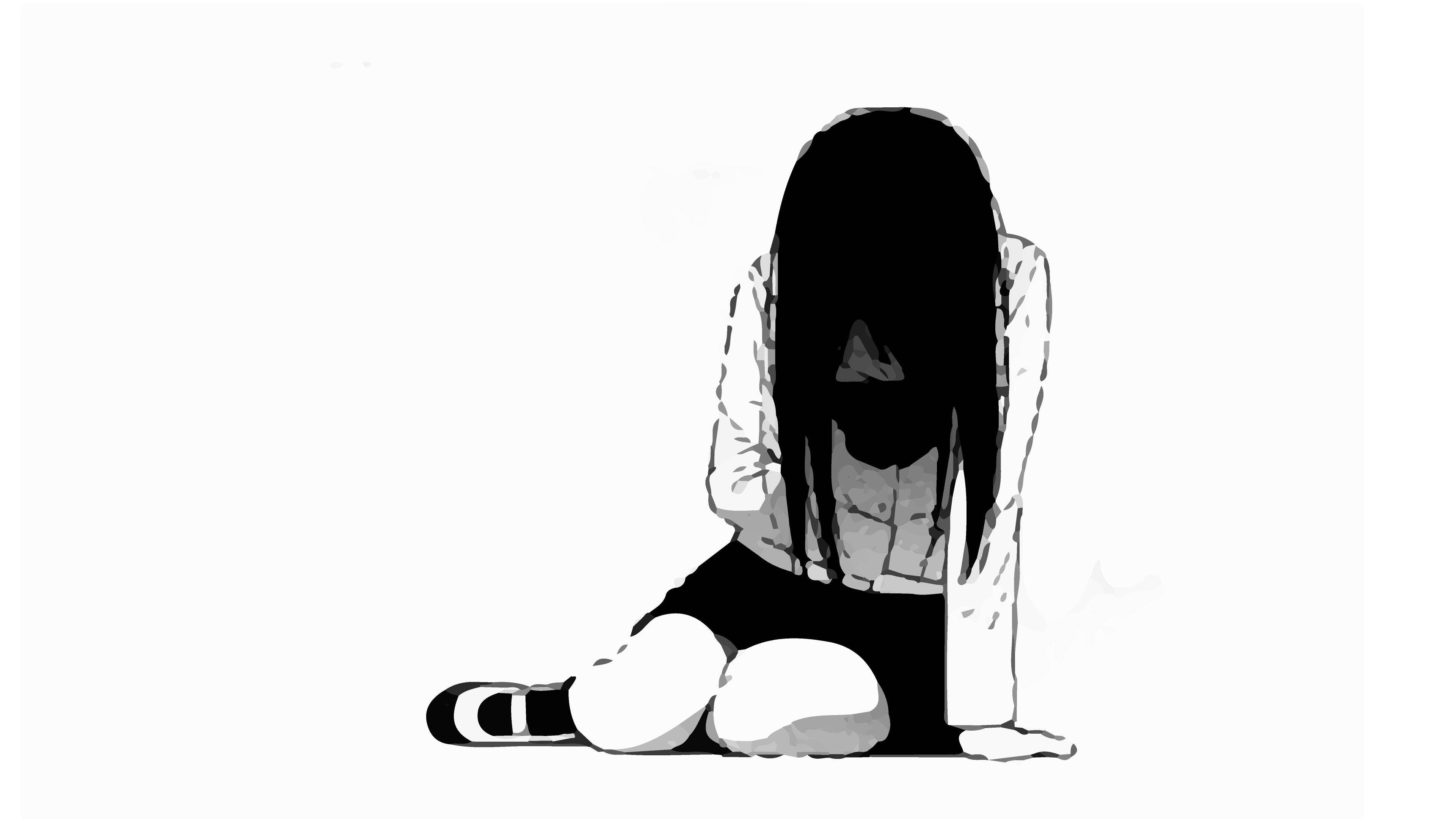 Emotional And Sad Anime Girl Black And White Background