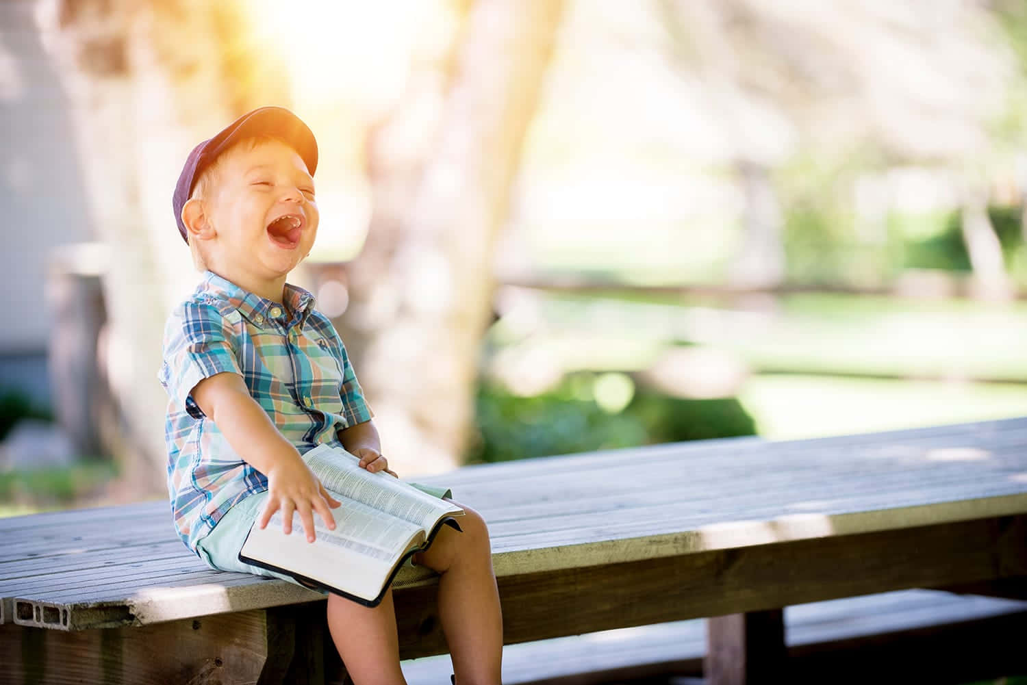A Boy Is Laughing While Sitting On A Bench