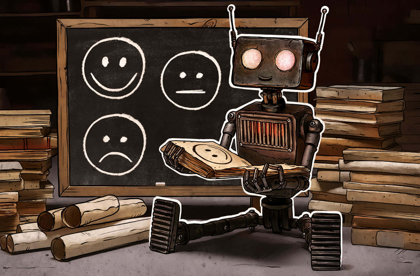 A Robot Sitting In Front Of A Blackboard With A Smiley Face