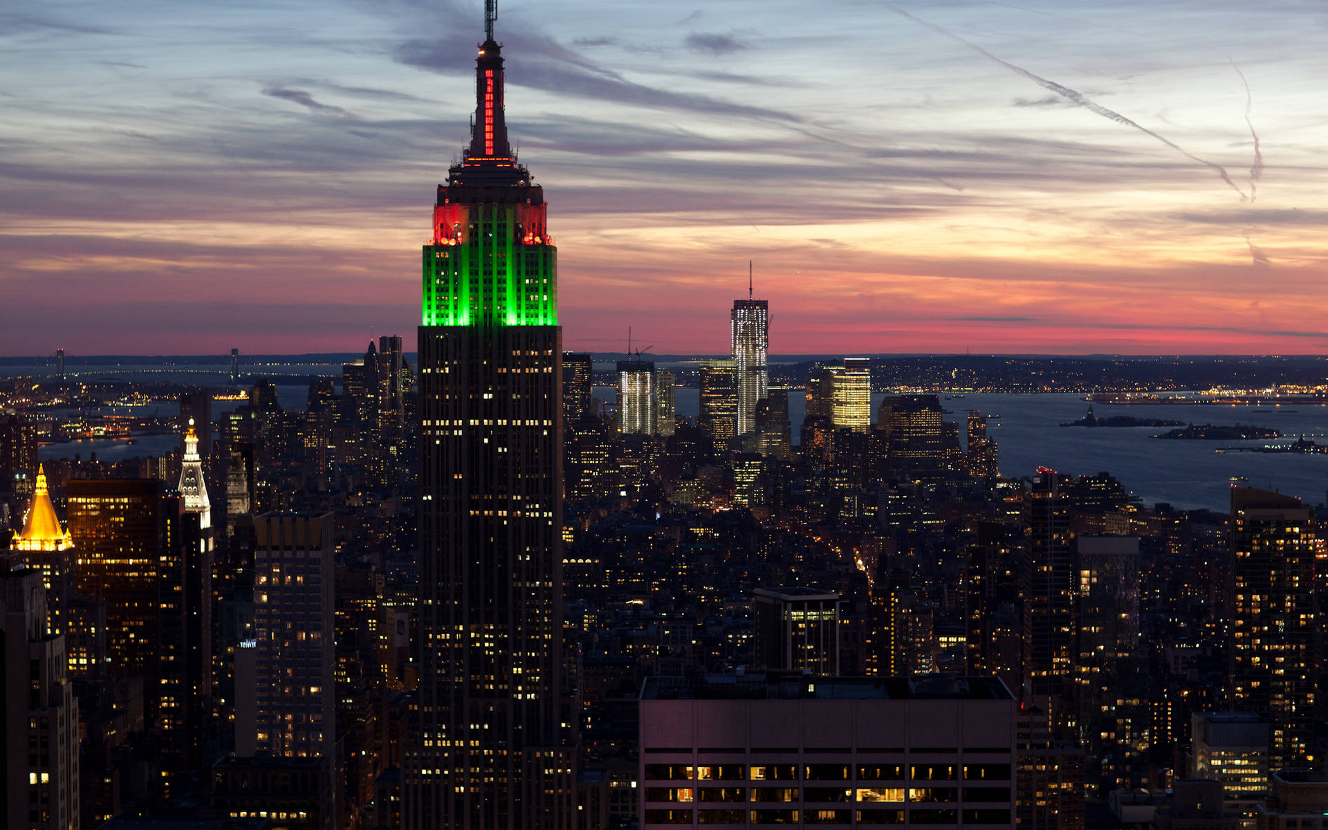 Empire State Building With Green Red Lights Wallpaper