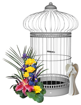 Empty Birdcagewith Flowersand Angel Figurine PNG