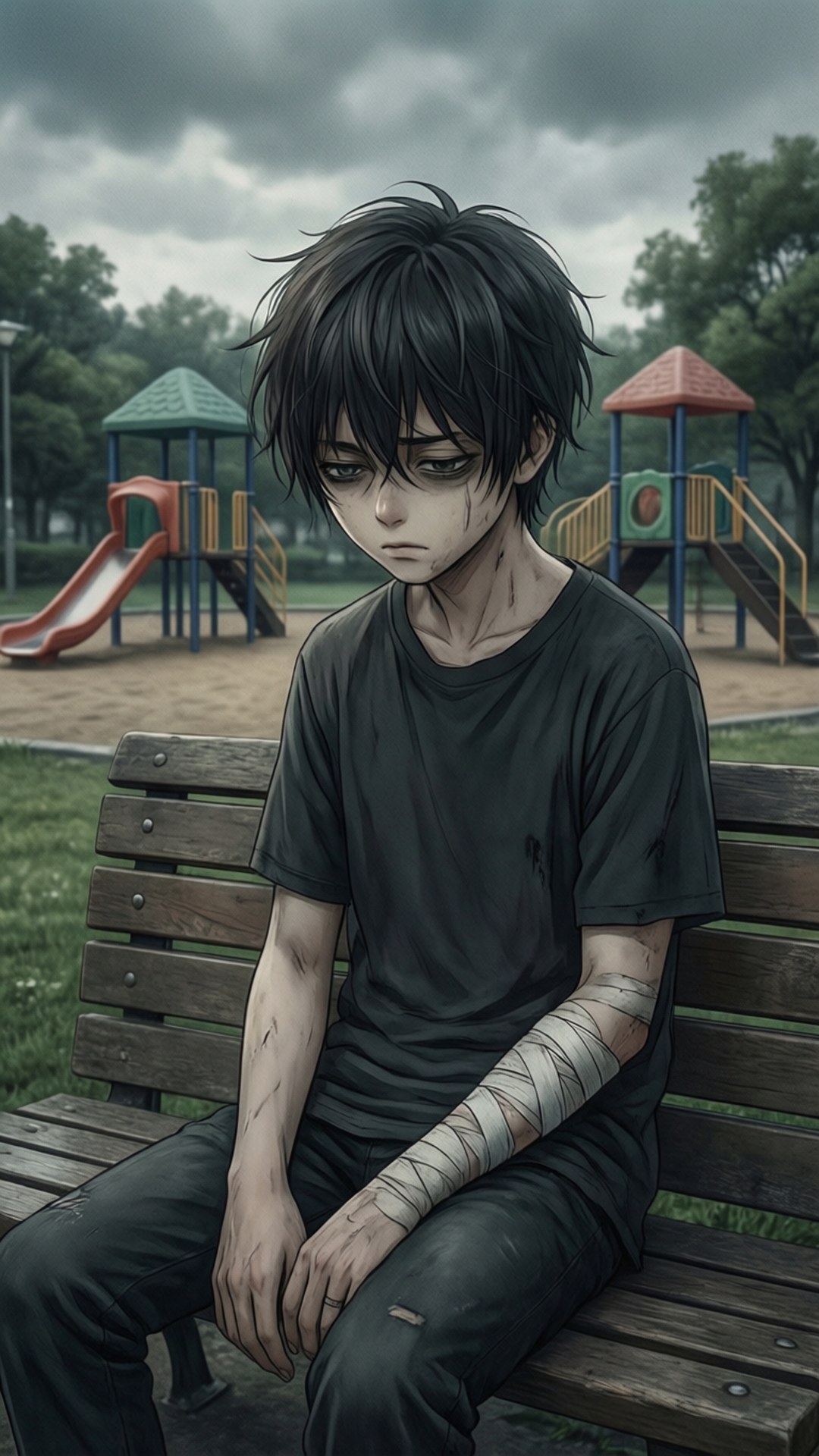 Ein trauriger Anime-Junge mit Verbänden sitzt auf einer Parkbank unter einem bewölkten Himmel.