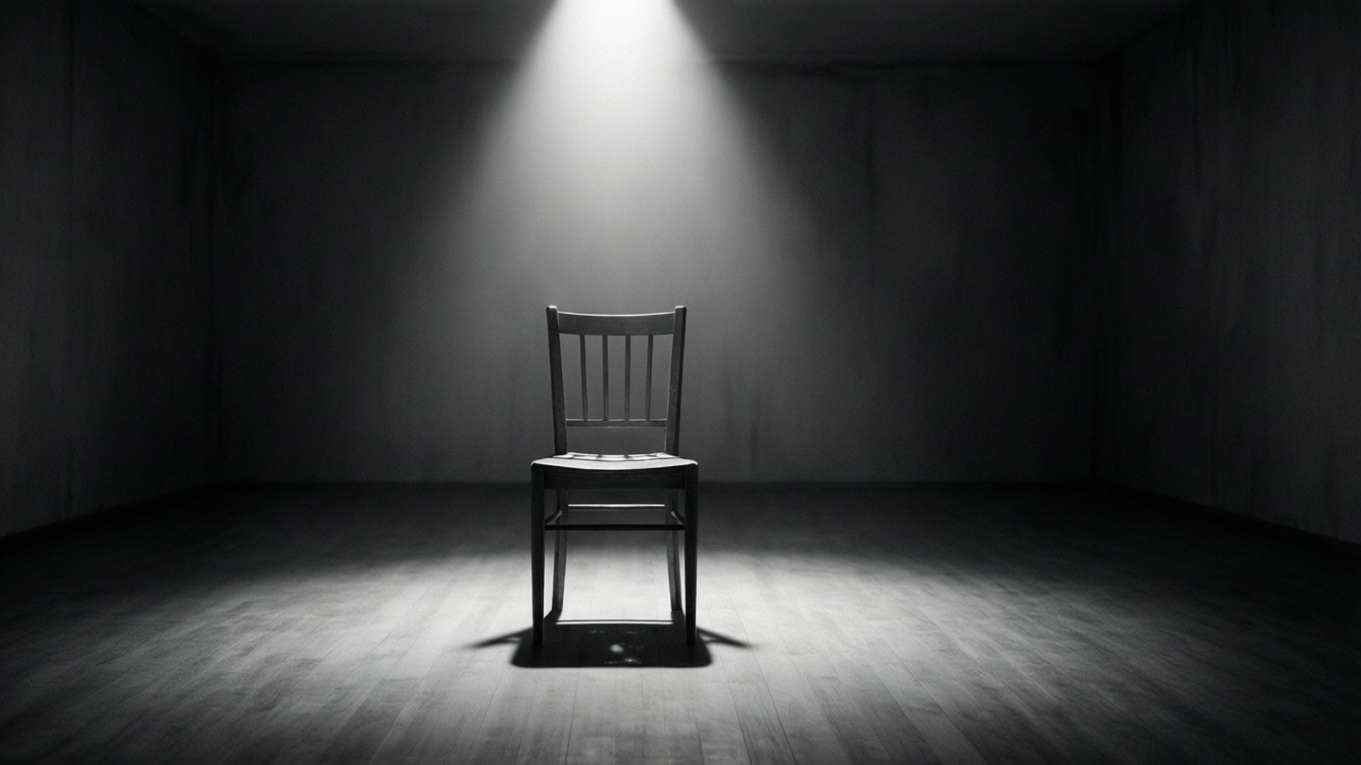 Et minimalt tomt rom med en stol under en spotlight symboliserer eksistensiell isolasjon og absurditet.