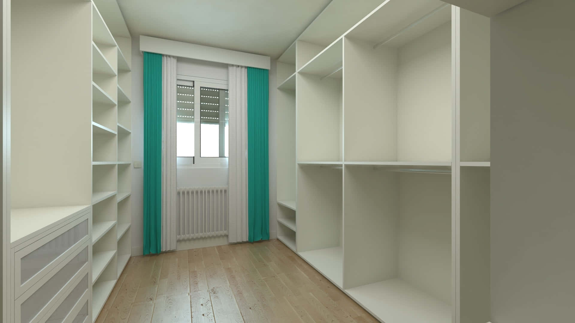 A Closet With White Shelves And A Door