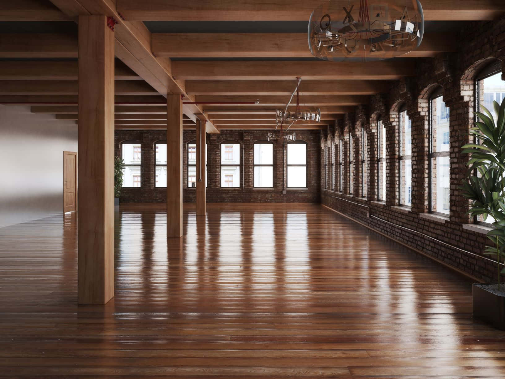 An Empty Room With Wooden Floors And Windows